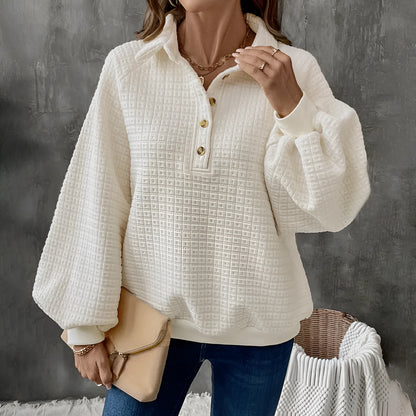 Women's texture polo collar solid colour thickened sweater in Milky White, showing long sleeves and pullover design