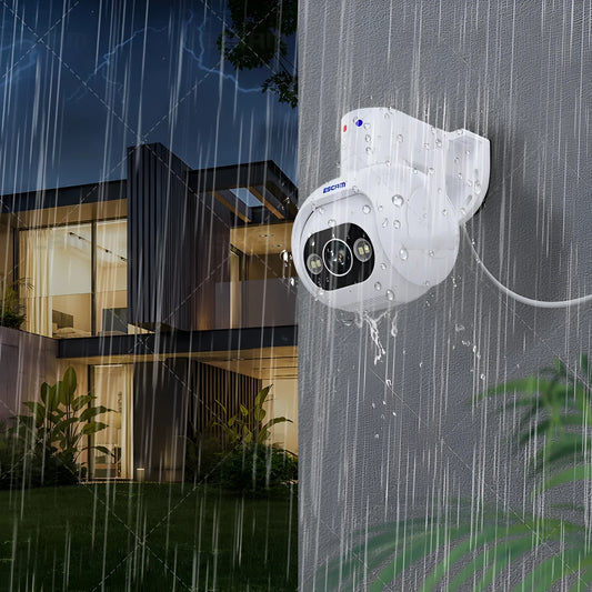 White outdoor security camera with wall mount, featuring smart colour night vision and IP66 waterproof rating.