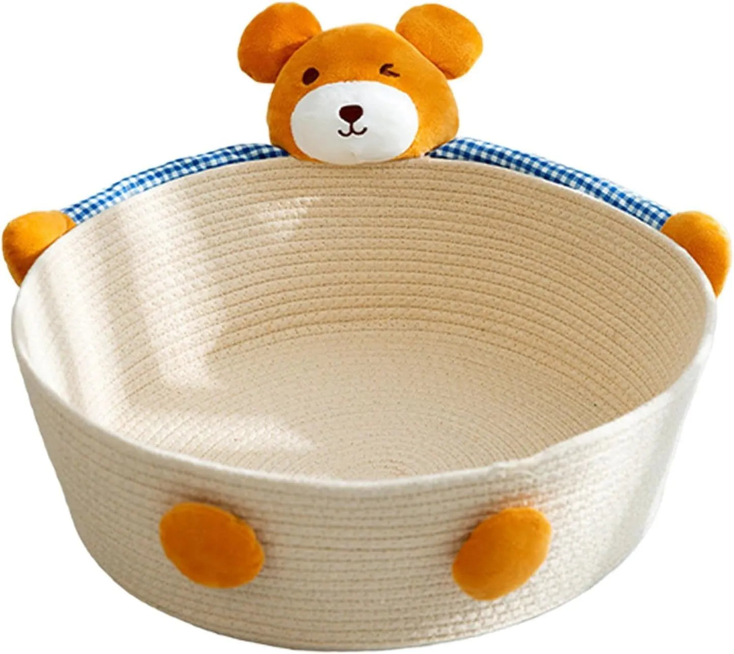 Woven cotton rope basket serving as a pet bed and integrated scratch board for cats, shown in a beige colour.