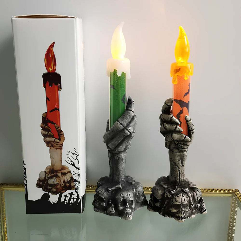 Orange and green Halloween skeleton ghost decoration with candle light, 15cm height