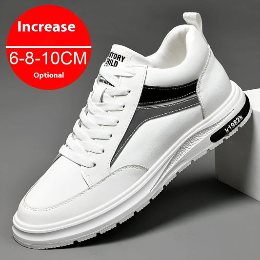 Men's black and white lace-up board sneakers with a low-top profile and hidden height-increasing insole option.