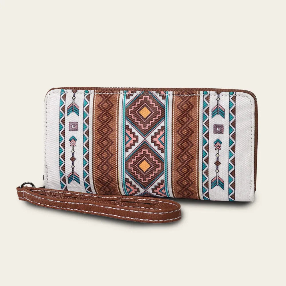 Bohemian striped canvas RFID wallet in beige colour, showing anti-theft design and compact size.