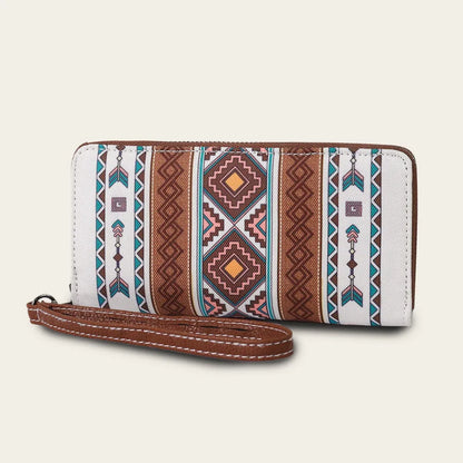 Bohemian striped canvas RFID wallet in beige colour, showing anti-theft design and compact size.