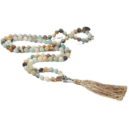 Handmade knotted beaded necklace with 108 natural stone beads in various colours.