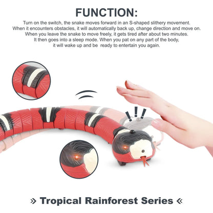 Smart sensing electronic snake cat toy with segmented body for realistic slithering motion on floor.