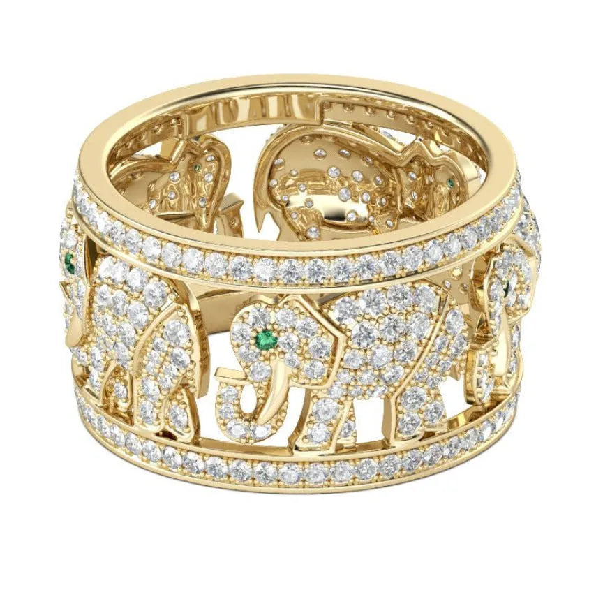 Close-up of a creative alloy elephant ring with diamond accents on a hand, showing the detailed animal design.
