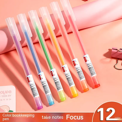 Boxed set of twelve coloured gel pens with 0.5 mm fine tips for journal and office stationery