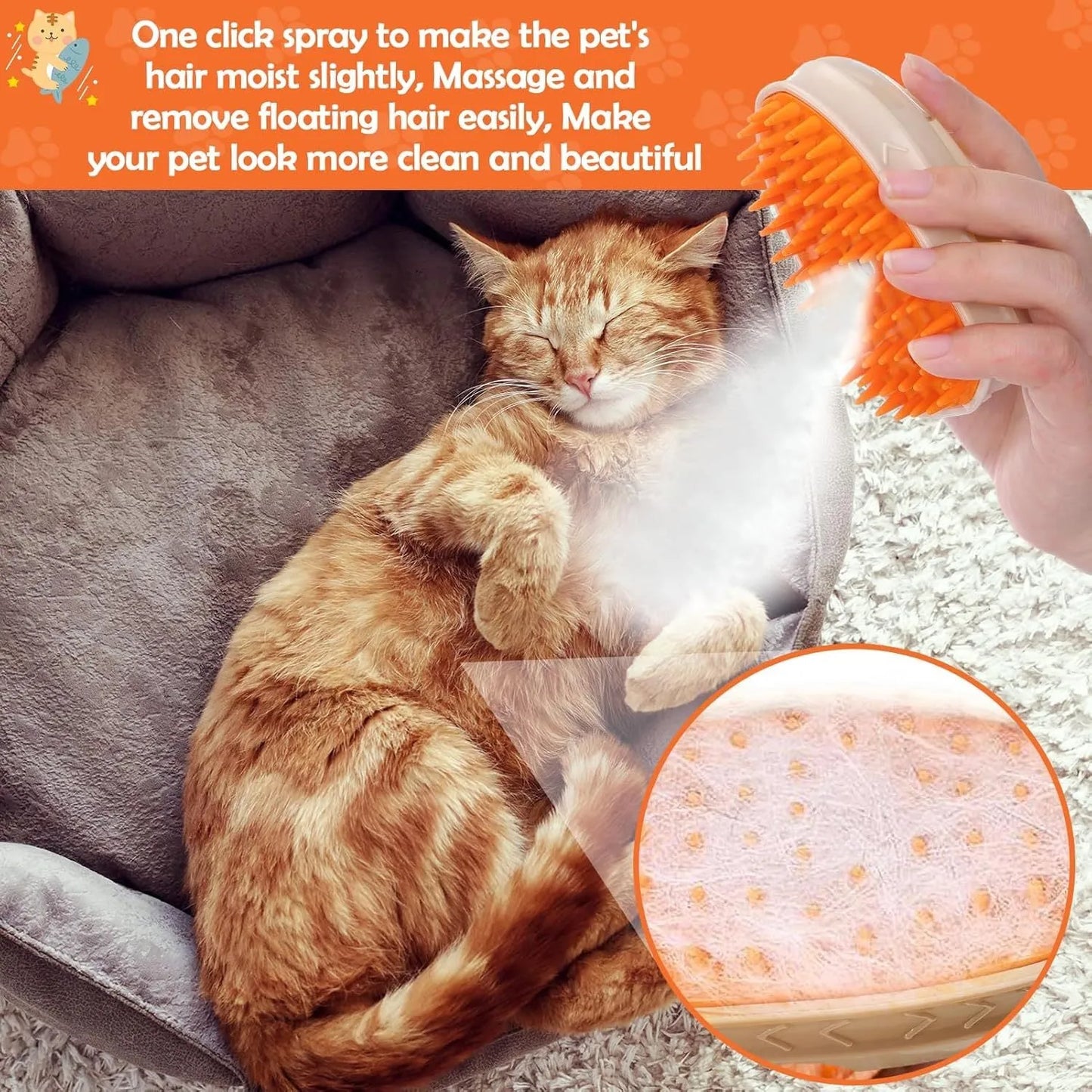 Yellow cat steam brush with silicone teeth, water spray, and ringworm detector lamp for pet grooming