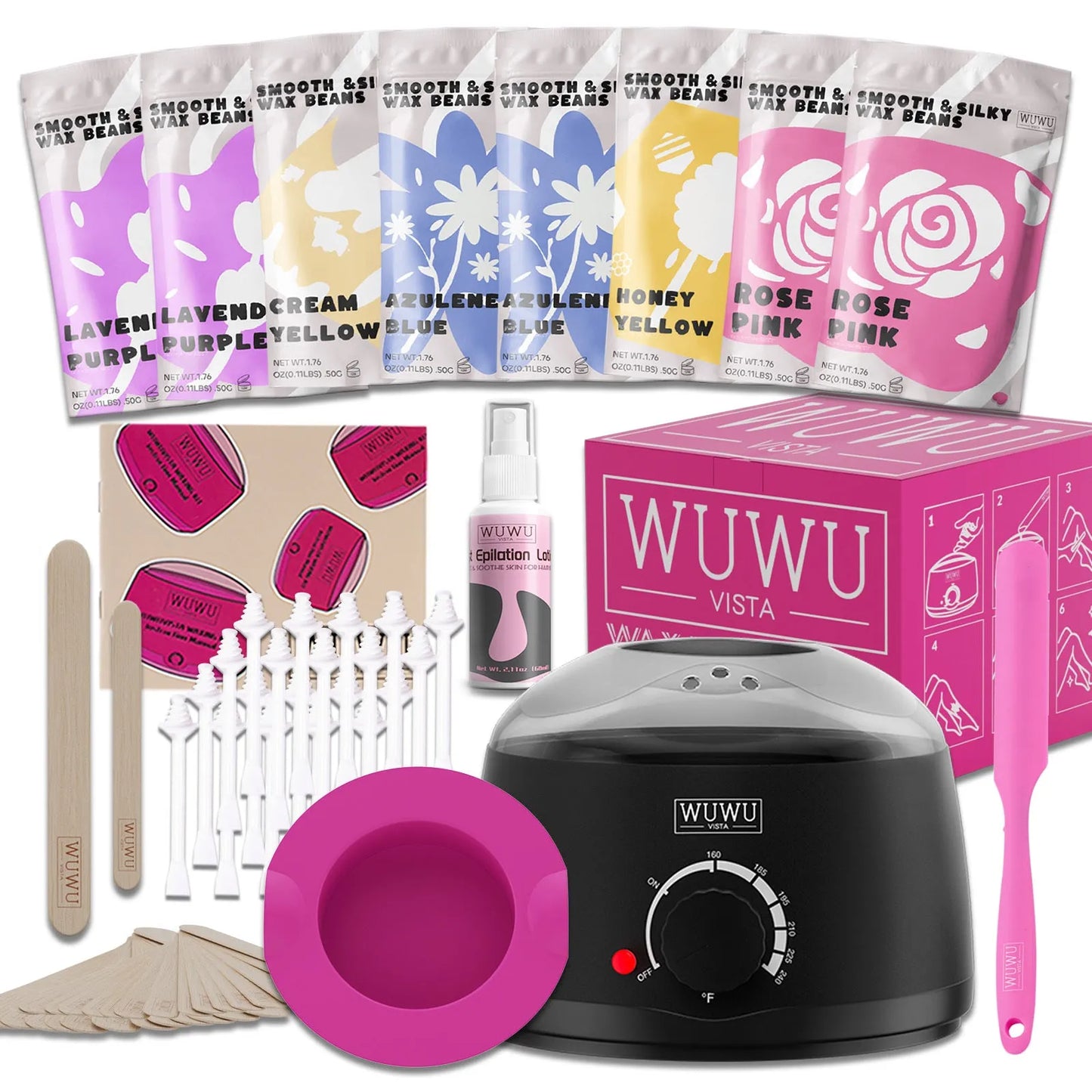 Waxing kit with 200cc warmer, 8 wax bead packs, applicator sticks, silicone bowl, spatula, and lotion for hair removal