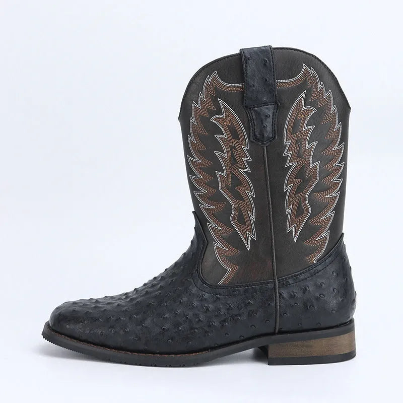 Men's black western denim square toe motorcycle boots with low wedge heel and embroidery detail.