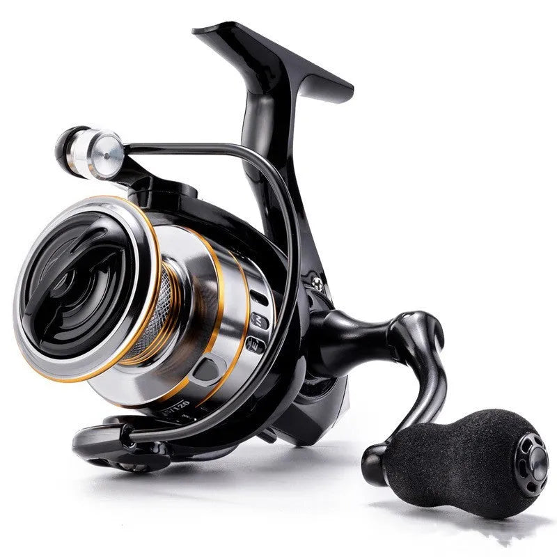 All-metal spinning fishing reel with EVA handle grip, shown in RY series sizes for fishing.