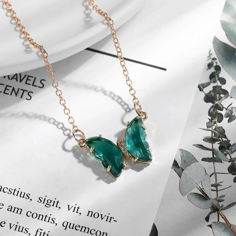 Korean style crystal butterfly necklace with water wave chain in blue, purple, light blue, and pink