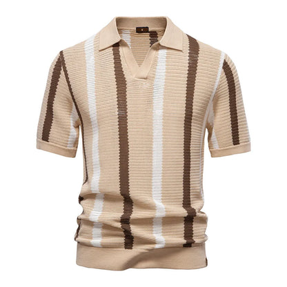 Men's breathable hollow fabric short-sleeved polo shirt with stripes in light blue colour.