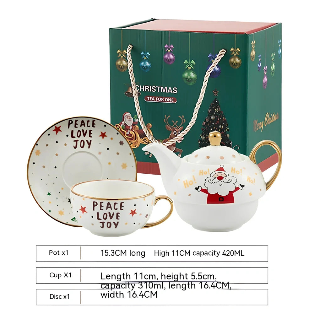 Christmas ceramic cup and saucer set with spoon featuring festive patterns and porcelain construction