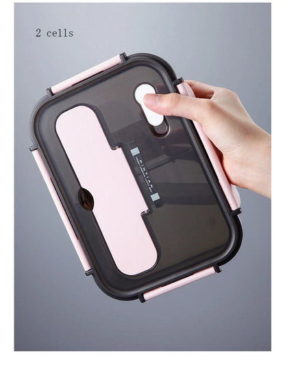 Versatile bento-style lunch box with multi-compartment design, flexible locking system, and included utensils for on-the-go meals
