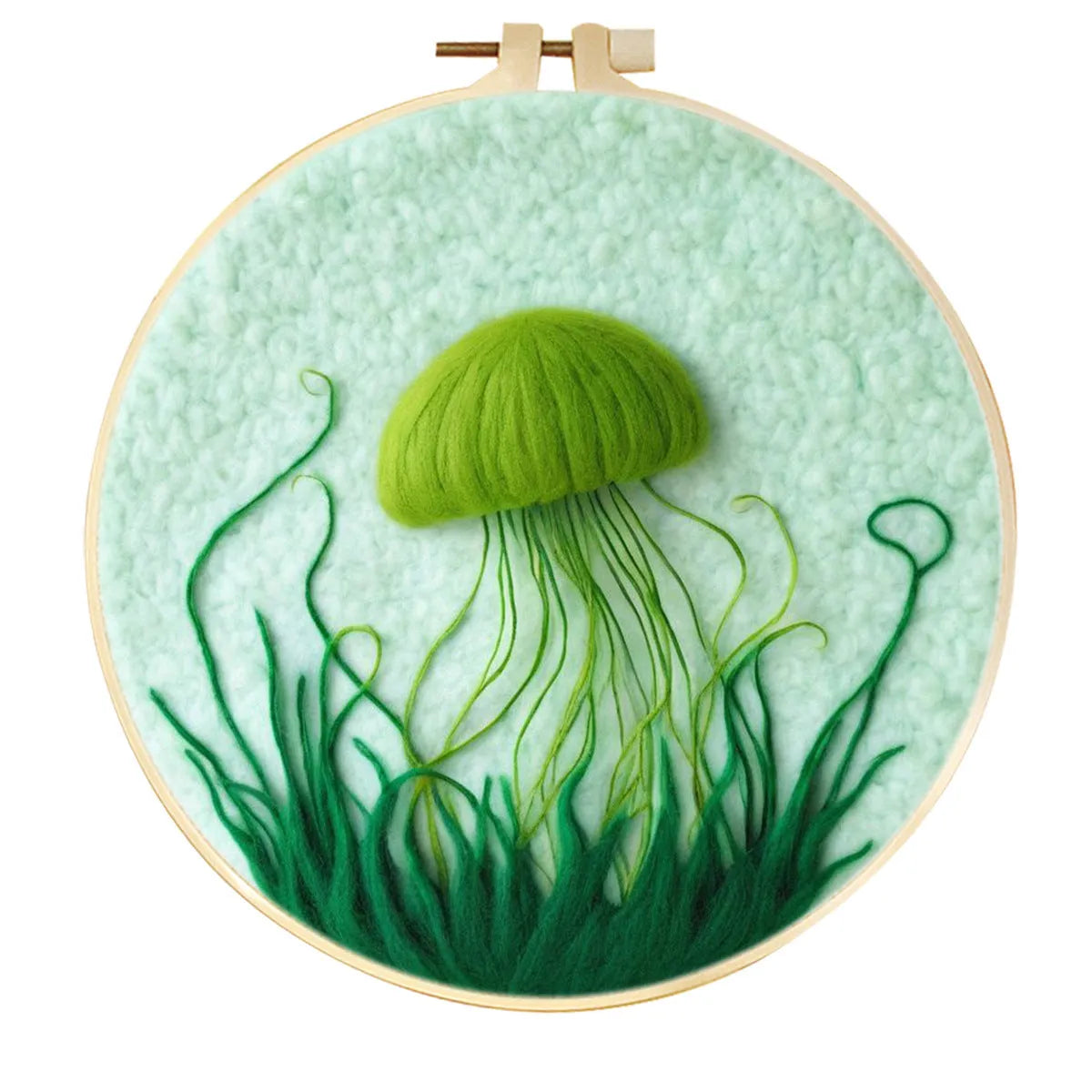 Round fabric embroidery kit with 20x20cm linen frame and wool felt for three-dimensional floral artwork