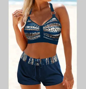 Women's two-piece swimsuit in polyester with bikini design in navy blue or print colours