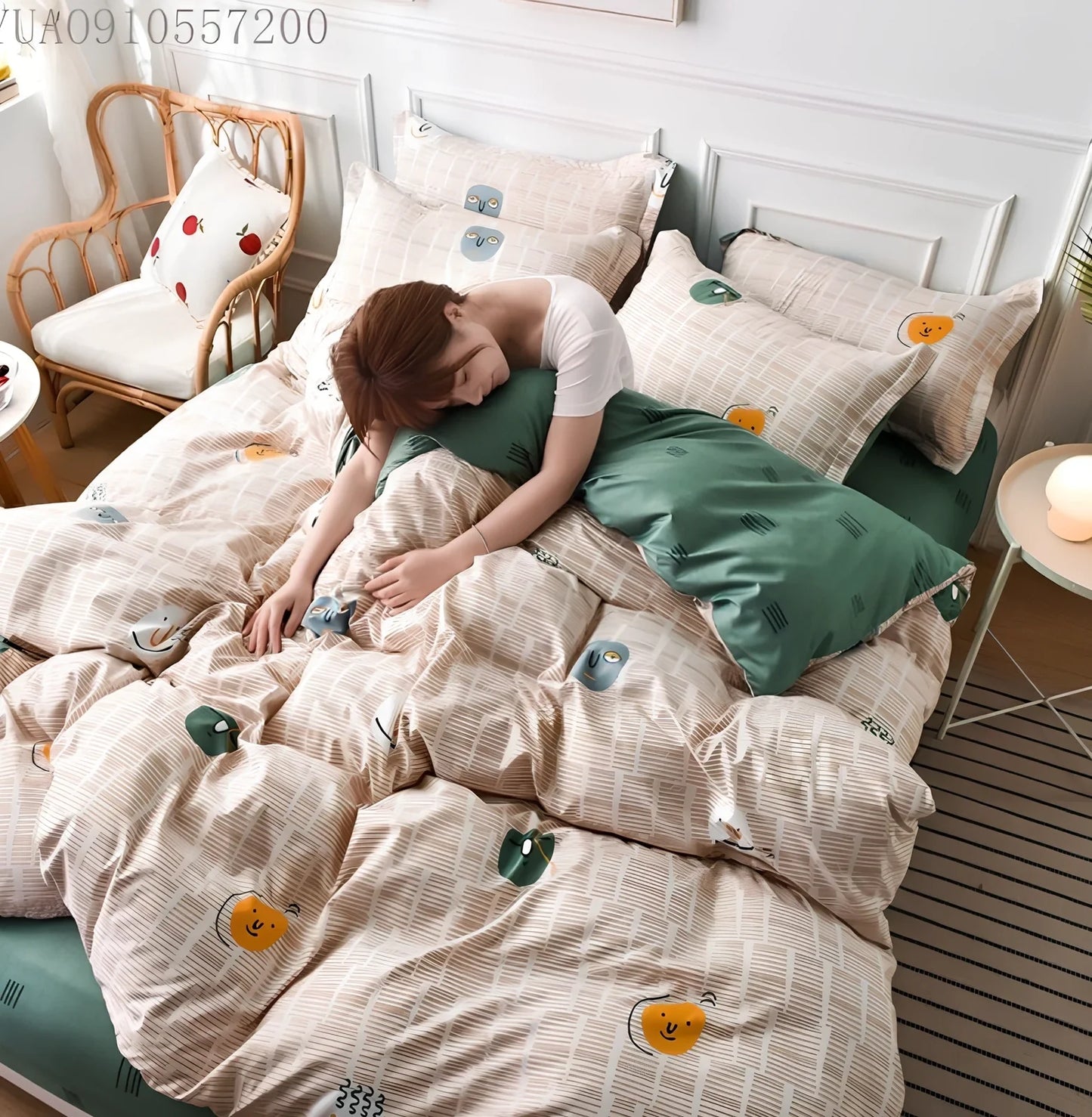 Aloe cotton bedding set with cartoon patterns, available in four colours for UK bed sizes 0.9m to 2.2m