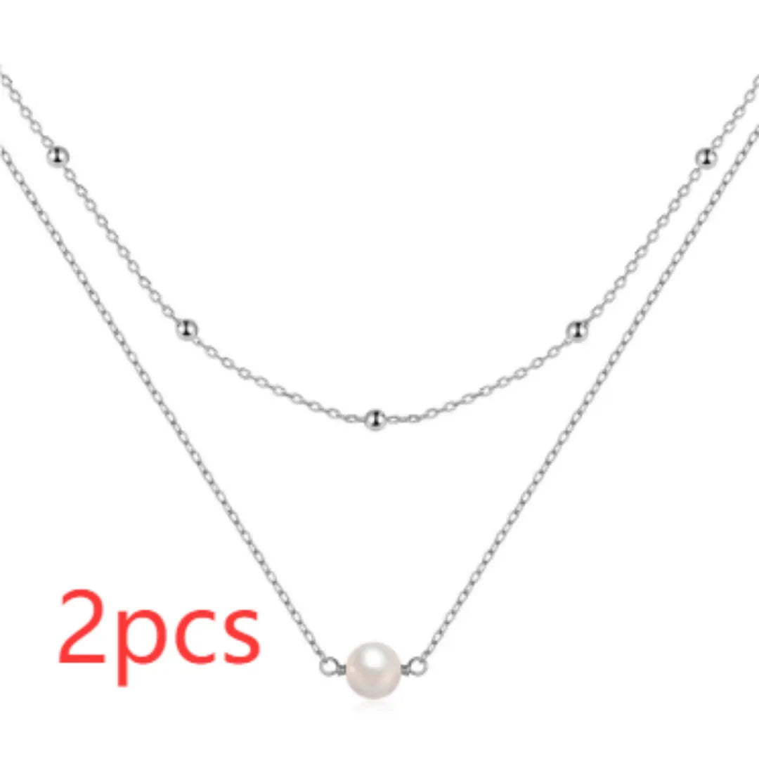 S925 sterling silver double layer necklace with twin pearls and geometric pendant in gold or white gold colour