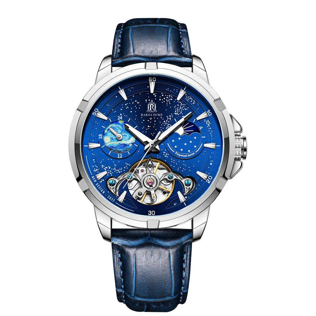 Men's automatic mechanical watch with blue dial and stainless steel bracelet, showing 14mm case thickness