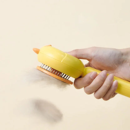 Purple, white, or yellow self-cleaning pet grooming brush with stainless steel bristles.