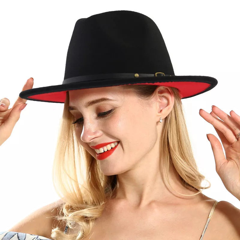 Woolen flat brim fedora jazz hat in black and red, perfect for winter warmth and style