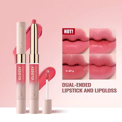 Double-headed lipstick and lip gloss case showing two applicators in 10 colour shades