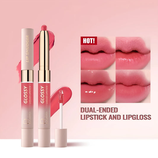 Double-headed lipstick and lip gloss case showing two applicators in 10 colour shades