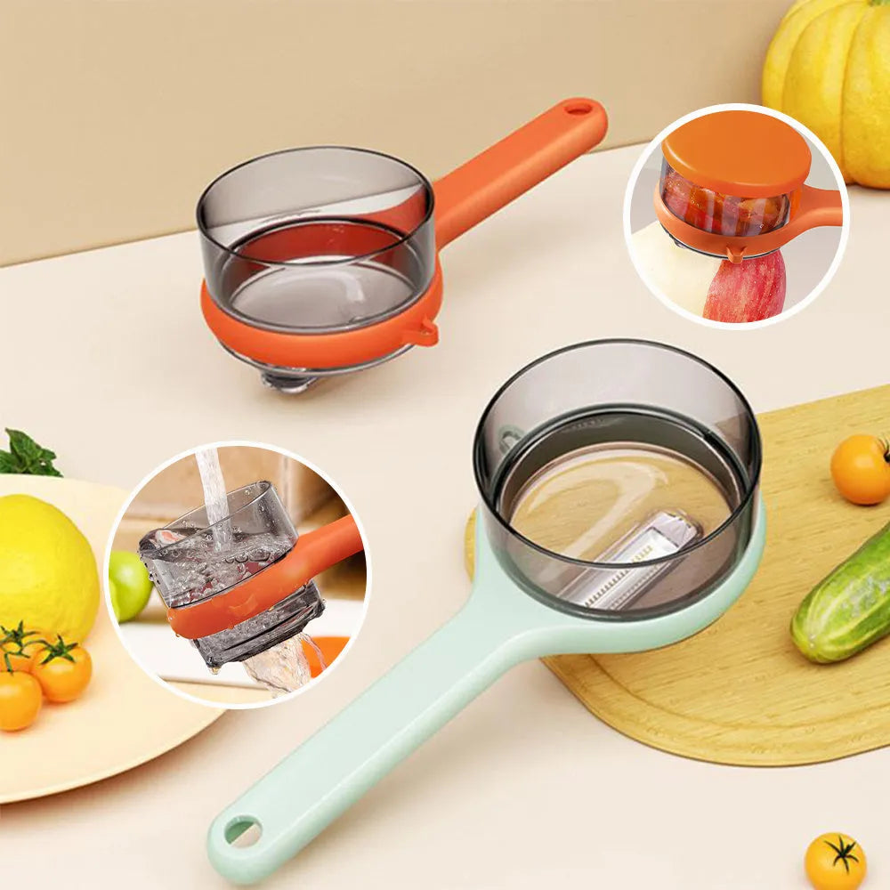 Light green kitchen peeler with an integrated storage bucket for collecting fruit and vegetable peel.