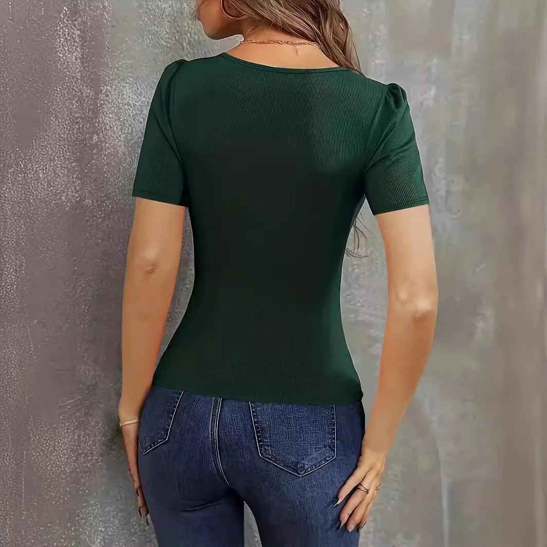 Women's low-neck slim fit knitted short sleeve top in wine red, black, or green, sizes S to XXL