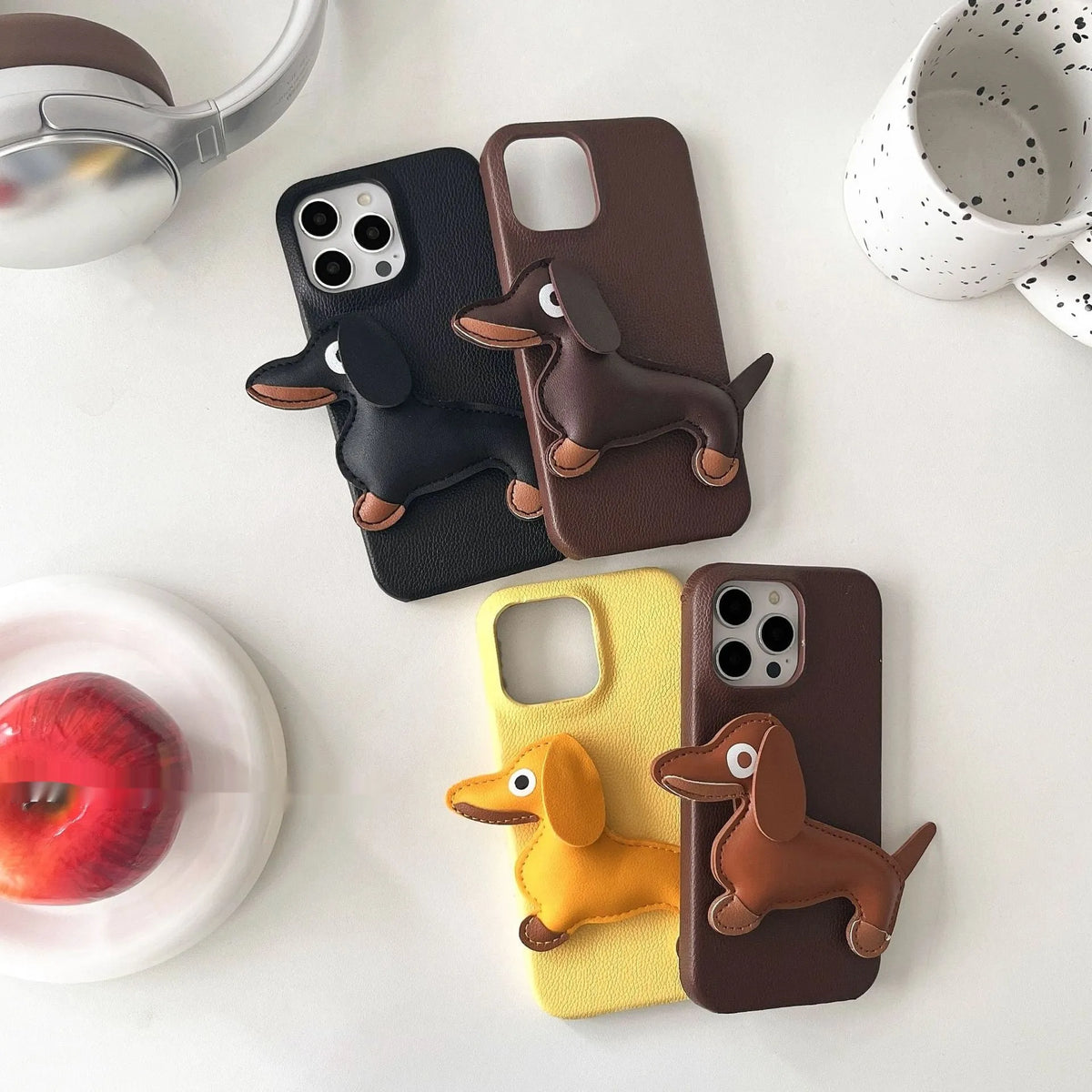 Leather sausage dog iPhone case with embossed 3D dachshund design in brown, all-inclusive anti-fall cover
