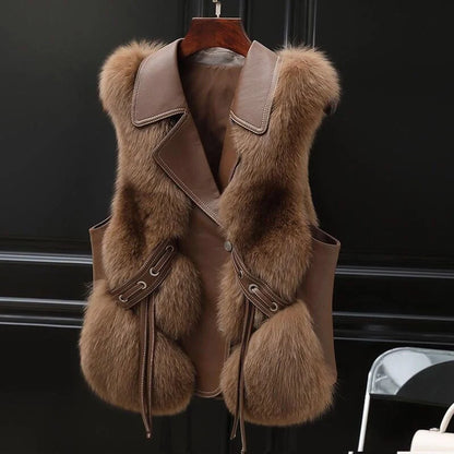 Women's short artificial fur vest in patchwork design, available in milk tea and camel colors