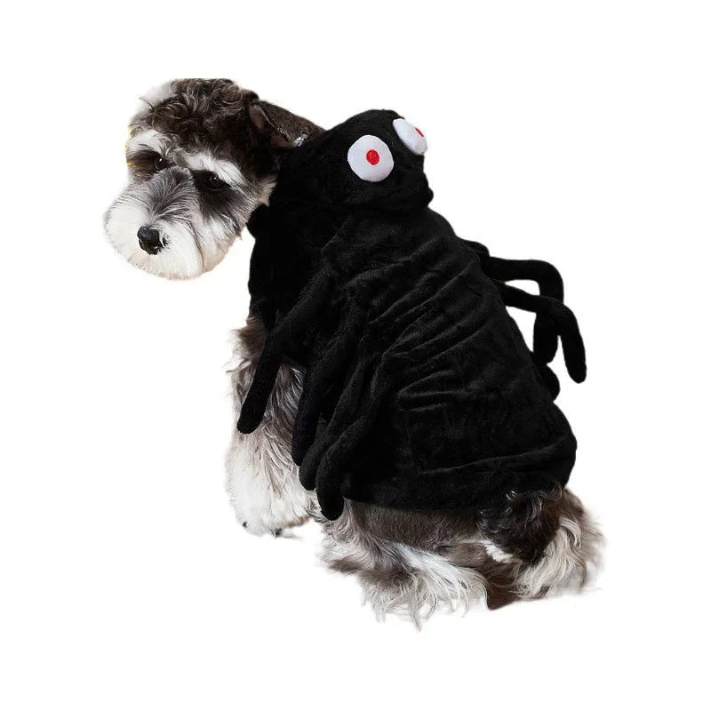 Dog wearing a black spider pattern Halloween costume made from polyester fabric