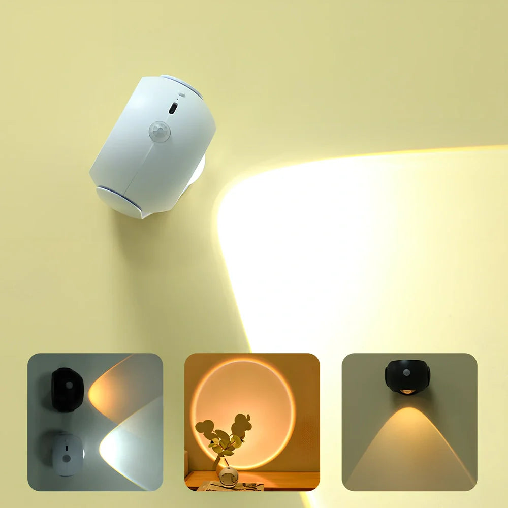 Adjustable angle human sensing wall light with rotating head and adhesive mounting for corridors
