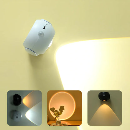 Adjustable angle human sensing wall light with rotating head and adhesive mounting for corridors