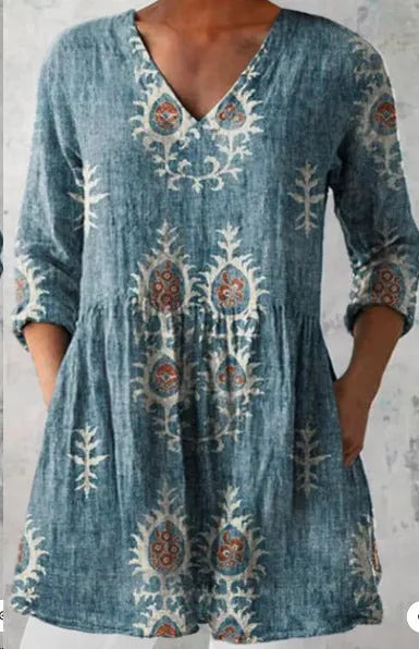 Women's printed wave loose dress with wide waist design and 3/4 sleeves in one of seven style options