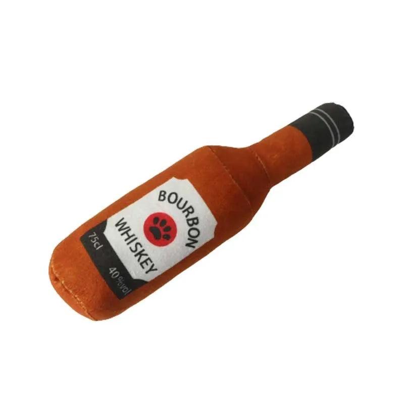Plush wine bottle pet toy for dogs and cats in six colour variations