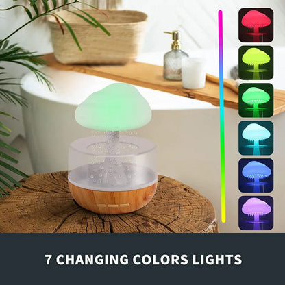 Wood grain raining cloud desk humidifier with essential oil diffuser and night light feature