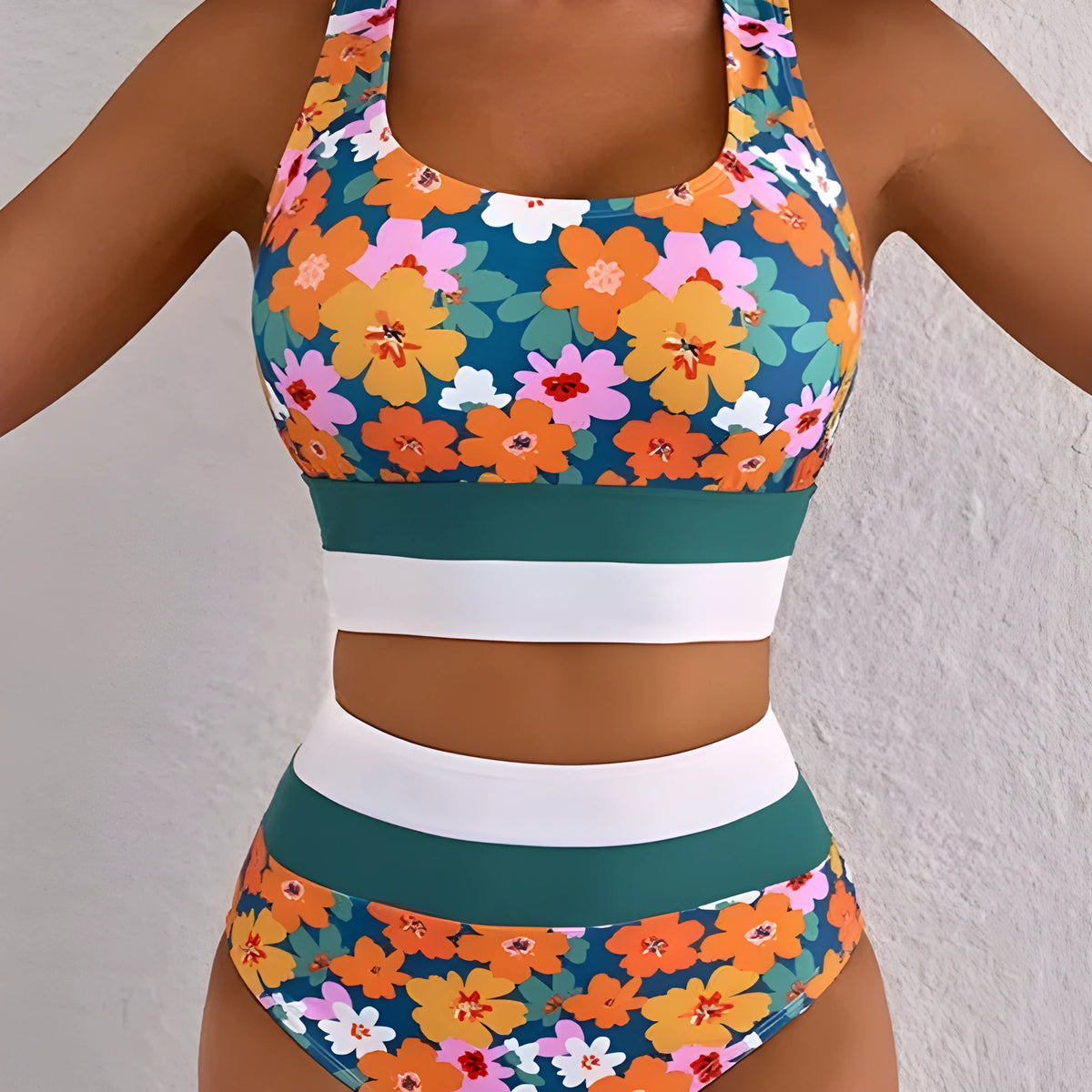 High waist two-piece swimsuit with sleeveless top and shorts in polyester, sizes S-2XL