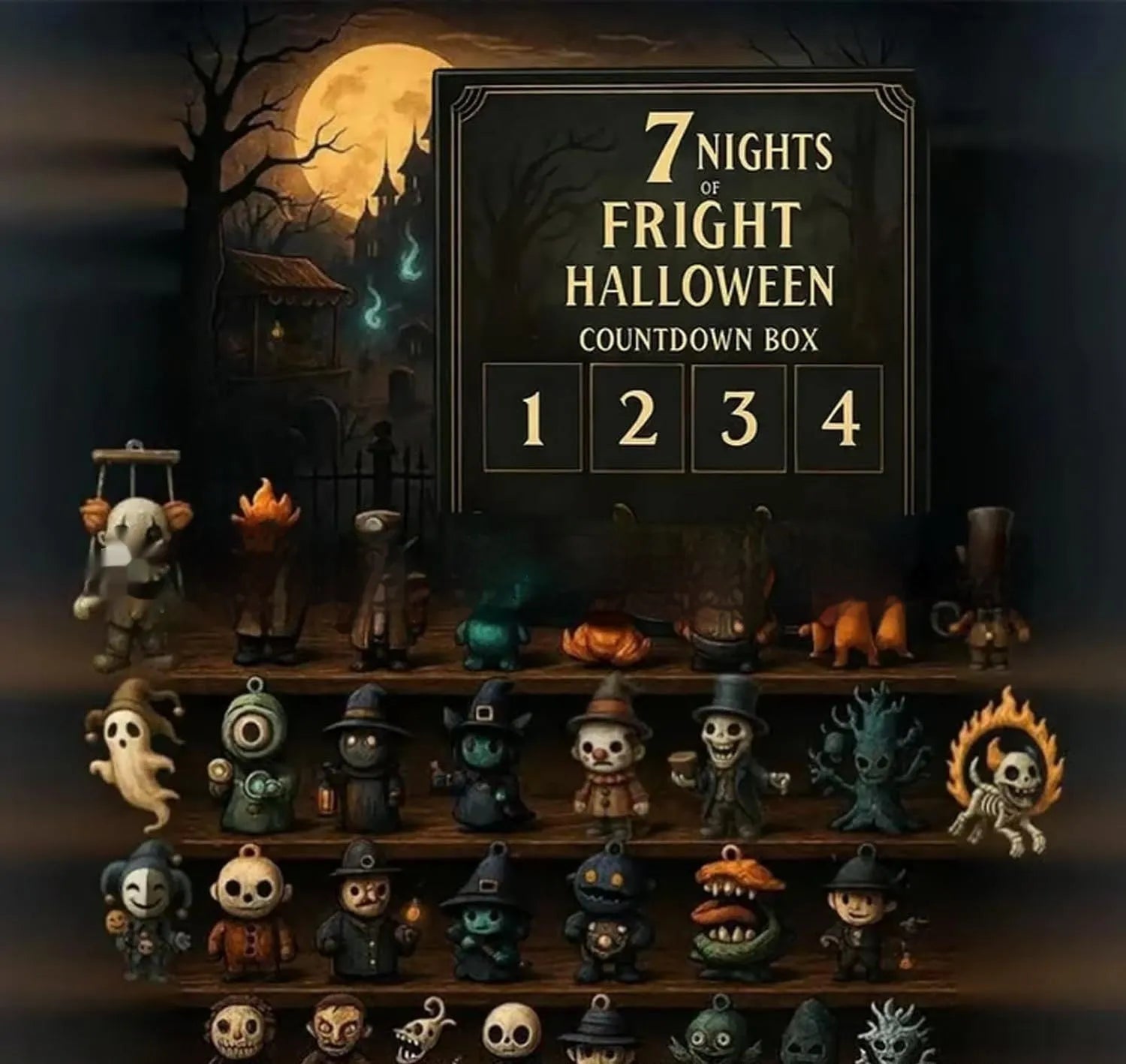 Halloween blind box advent countdown with resin dolls in plastic packaging for Christmas