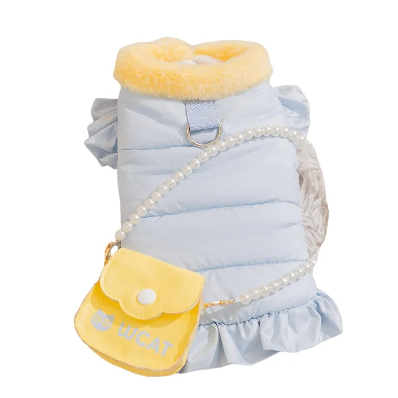 Small dog wearing blue princess skirt pet clothes with D-ring leash attachment, autumn winter fleece