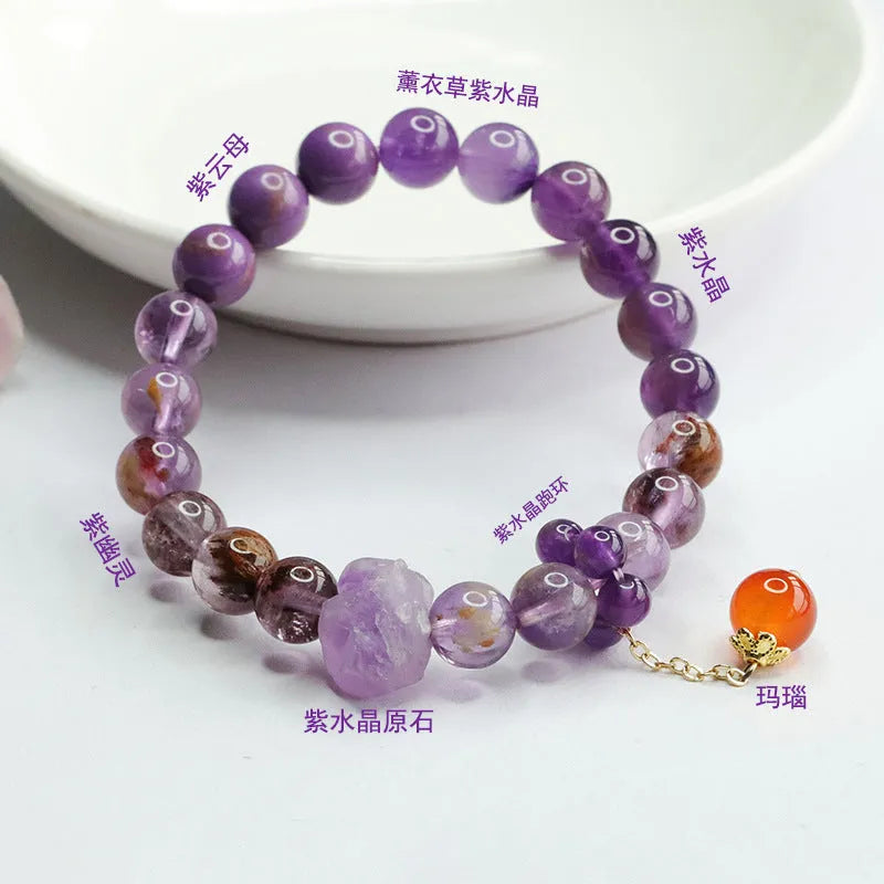 Natural nine purple amethyst red agate crystal bracelet Mori style 7-8mm beads