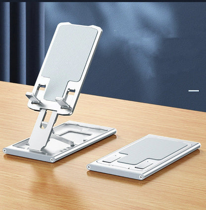 Aluminum alloy foldable mobile phone stand in grey, rose gold, silver, and blue