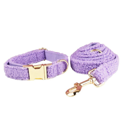 Cloth dog accessory set showing collar, leash, bow, and vest in coordinating fabric