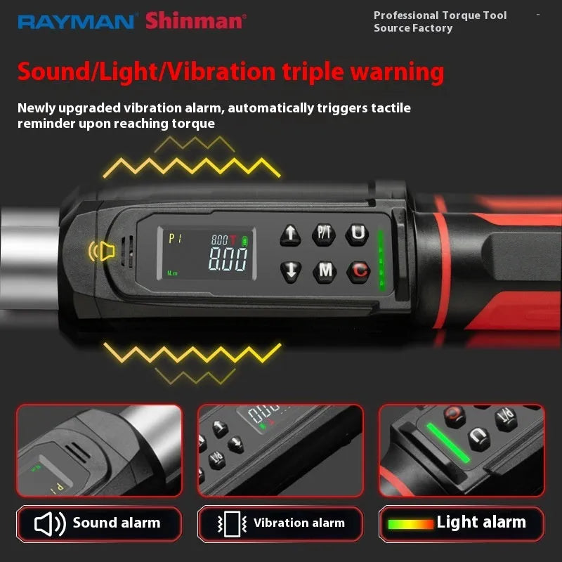 Electronic digital display torque wrench with a chrome-vanadium steel body on a workshop bench.
