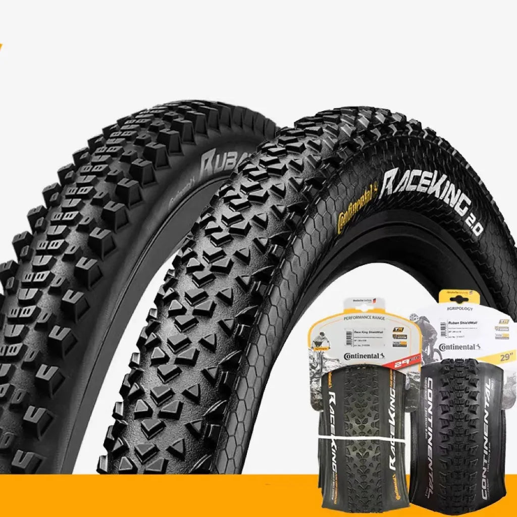 Mountain bike folding outer tyre with yellow sidewall, showing tread pattern and size label