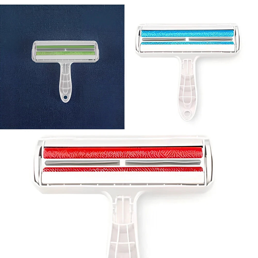 Blue pet hair removal comb with ABS plastic body and roller bristles for furniture cleaning