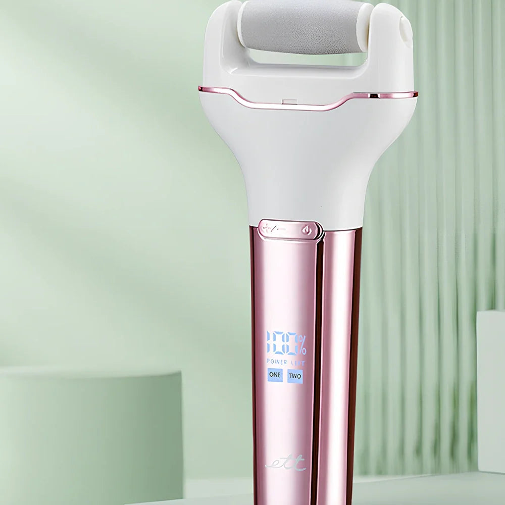 Electric foot grinder with digital display in rose pink colour, showing compact 173×80×30mm waterproof design