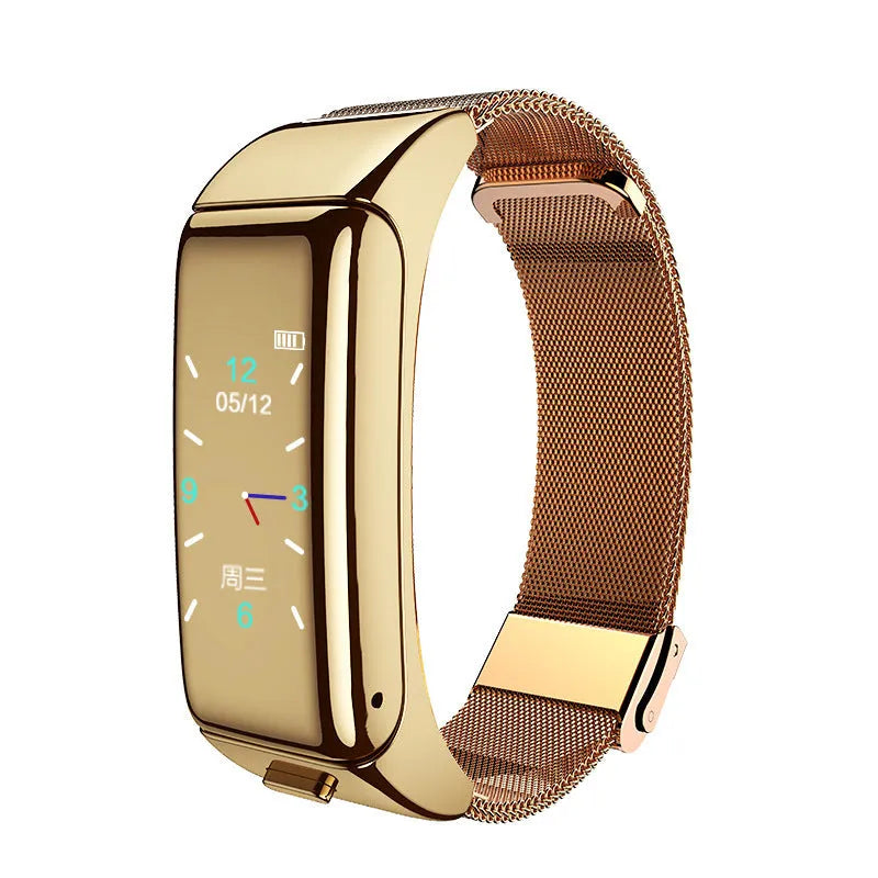 Two-in-one Bluetooth headset smart watch with zinc alloy backing, black leather strap, and magnetic charging cable.