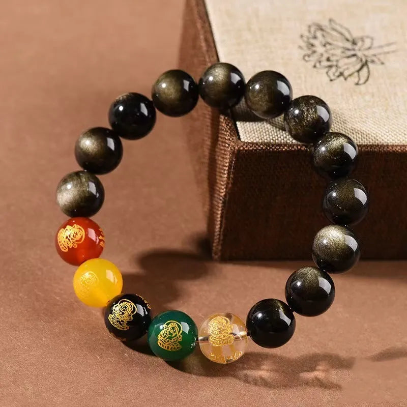 Single Circle Five Gods Of Wealth men's rainbow eye obsidian crystal bracelet in New Chinese style